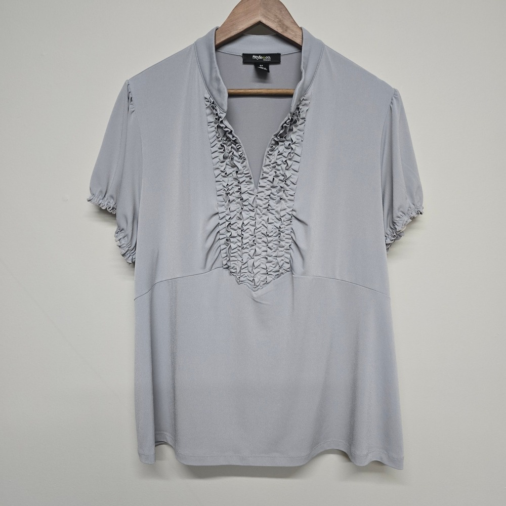 Style & Co Ruffle V-Neck Top Women 2X Blue Polyester Spandex Puff Sleeve Casual